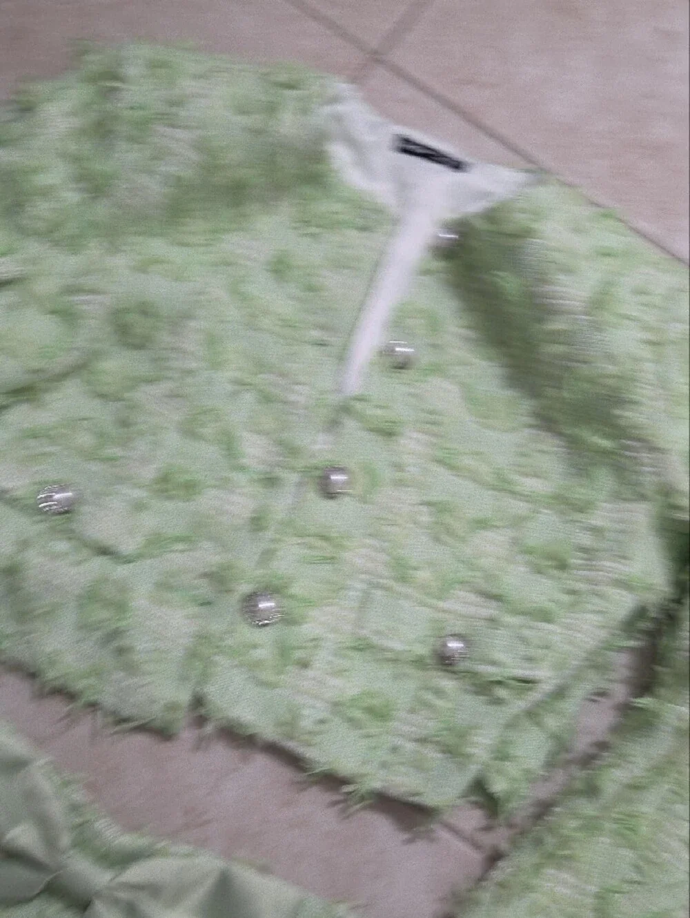 SHEIN Light Green Tweed Two-Piece Skirt Set with Pearl Buttons